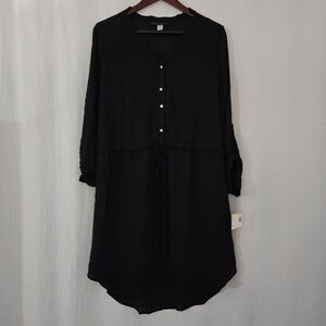 Simply Styled Long Sleeve Button Front V-Neck Front Tie Midi Dress in Black